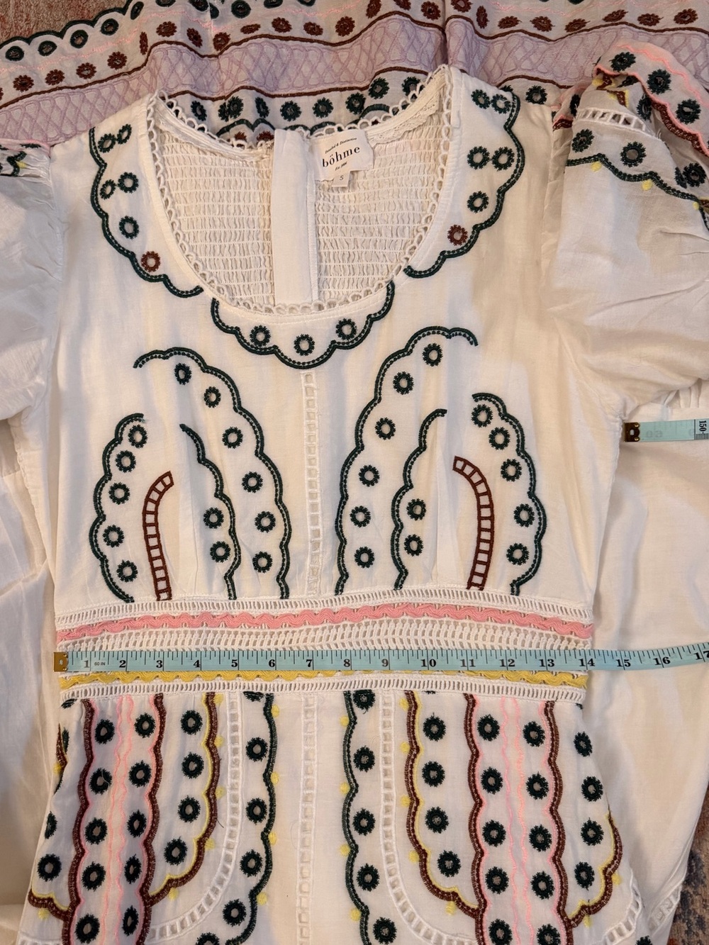 Boheme White Maxi Dress. Eyelet Embroidery and Blush/Yellow Trim - Picture 12 of 16